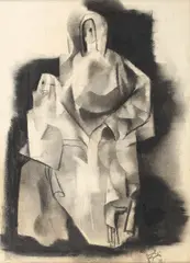 Maternitate by Aurel Jiquidi, 1958, cărbune pe hârtie lipită pe carton, sold Nov 2017