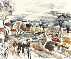 Ulița copilăriei by Viorel Huși, 1936, acuarelă și tuș pe hârtie, sold Nov 2017