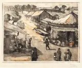 Iosif Rosenblut, Scenă de iarmaroc la marginea Bucureștiului, 1931, acvaforte, acvatintă şi verni moale