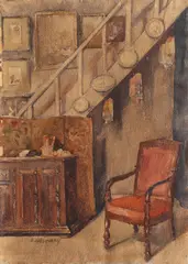 Interior by Ana Lahovary, acuarelă pe hârtie lipită pe carton, sold Nov 2017