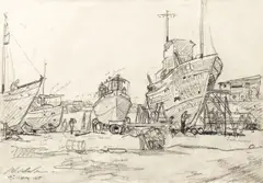 Nicolae Dărăscu, Bărci la Saint Tropez, 1915, creion pe hârtie