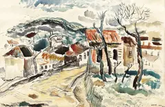 Sat moldovenesc by Viorel Huși, 1936, acuarelă și tuș pe hârtie lipită pe carton, sold Nov 2017