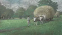 Strânsul fânului by Ludovic Bassarab, pastel pe carton, sold Nov 2017