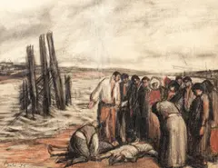 Din ciclul "1907" by Corneliu Baba, 1951, cărbune și sepia pe hârtie lipită pe carton, sold Nov 2017