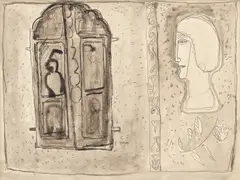 Compoziţie by Aurel Cojan, tuş şi laviu pe hârtie lipită pe carton, sold Nov 2017