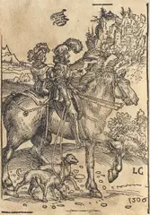 Lucas Cranach, Principe călare însoțit de doamna sa, 1506; tiraj sec. XVII-XVIII, gravură în lemn