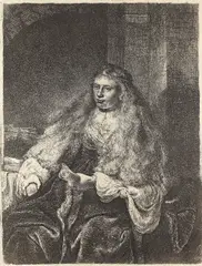 Rembrandt van Rijn, Mireasa evreică (Soția artistului), 1635; tiraj sec. XVII, acvaforte, gravură cu acul şi dăltiţă