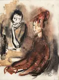 Corneliu Baba, Doi prieteni, 1977, cărbune, cerapastel, creion şi acuarelă pe hârtie lipită pe carton