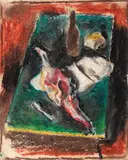 Corneliu Baba, Natură statică, 1960, accente de ulei, guaşă şi cerapastel pe hârtie lipită pe carton