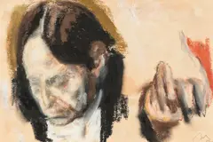 Enescu by Corneliu Baba, 1972, guașă și cerapastel pe hârtie lipită pe carton, sold Nov 2017