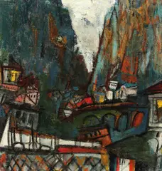 Printre munți by Marcel Janco, anii '30, ulei pe carton, sold Nov 2017
