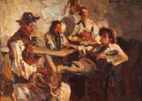 Țărani la cârciumă by Rudolf Schweitzer–Cumpăna, 1928, ulei pe carton, sold Nov 2017
