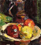 Natură statică cu mere by Rudolf Schweitzer–Cumpăna, ulei pe pânză lipită pe carton, sold Nov 2017