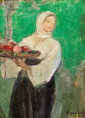 Tipsia cu mere by Arthur Verona, ulei pe placaj, sold Nov 2017