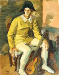 Arlechin cu chitară by Iosif Iser, 1939, guașă vernisată pe carton, sold Nov 2017