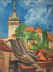 Sighişoara by Pericle Capidan, 1943, ulei pe carton, offered Nov 2017