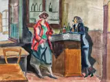 Auguste Joseph Clergé, La restaurant, 1924, acuarelă și creioane cerate pe hârtie