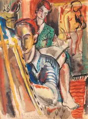 Titina Călugăru Căpitănescu, La șevalet, 1923, acuarelă, creion și accente de guașă pe hârtie