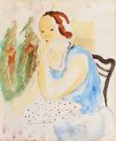 Titina Călugăru Căpitănescu, Pe gânduri, 1929, acuarelă şi creion pe hârtie lipită pe carton