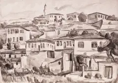Hrandt Avachian, Balcic, 1929, tuș și laviu pe hârtie lipită pe carton