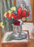 Natură statică cu flori și struguri by Theodor Pallady, ulei pe carton, sold Sep 2017