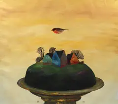 Ștefan Câlția, Zbor (Pasăre peste case), 1990, ulei pe pânză