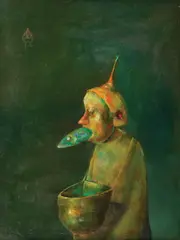 Bărbat cu peşte by Ștefan Câlția, 1986, ulei pe PFL, sold Jul 2017