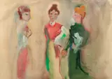 Mătuşile by Margareta Sterian, ulei diluat pe hârtie de calc lipită pe carton, sold Jul 2017