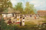 Horă la sat by Ludovic Bassarab, ulei pe carton, sold Jun 2017