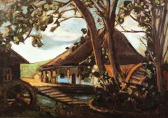 Moara by Aurel Băeșu, ulei pe carton, sold Jun 2017