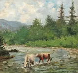 Cu vitele la apă by Ludovic Bassarab, ulei pe carton, sold Jun 2017