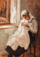 Cusătoreasă by Ipolit Strâmbu, 1916, ulei pe carton, offered Jun 2017