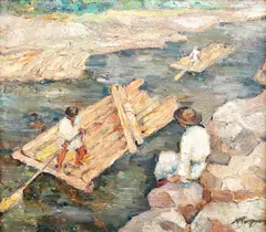 Plutași by Nicolae Popa-Iași, ulei pe carton, offered Jun 2017