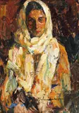 Țărăncuță cu broboadă by Rudolf Schweitzer–Cumpăna, ulei pe carton, offered Jun 2017