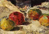 Natură statică cu pahar și mere by Rudolf Schweitzer–Cumpăna, 1938, ulei pe carton, sold Jun 2017