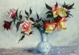 Vas cu trandafiri by Constantin Isachie Popescu, ulei pe carton, sold Jun 2017