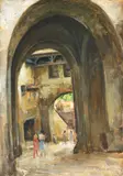 Poarta Sighișoarei by Constantin Isachie Popescu, ulei pe carton subțire, sold Jun 2017
