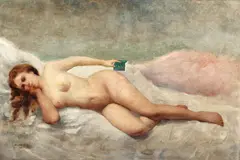 Nud pe sofa by Dimitrie Serafim, 1894, ulei pe pânză, sold Jun 2017