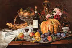 Theodor Aman, După petrecere (Natură statică cu fructe și vin franțuzesc), 1883, ulei pe pânză