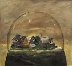 Sat by Ștefan Câlția, 1983, ulei pe PFL, sold May 2017