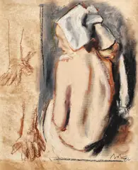 Corneliu Baba, Maternitate, 1982, guaşă, cărbune şi ceracolor pe hârtie lipită pe carton