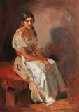 Ţărăncuţă cu floare în păr by Nicolae Vermont, ulei pe carton, sold May 2017