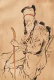Nicolae Tonitza, Hagi-Iusup Memet, 1936, tuș, laviu și acuarelă pe hârtie lipită pe carton