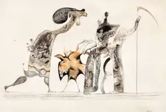 Oglindirea unui obiect care nu există (Decalcomanie sans objet preconcu) by Jules Perahim, 1971, cerneală tipografică, acuarelă, guaşă şi creioane colorate pe hârtie, sold May 2017