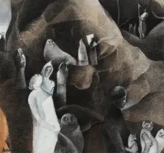 Versurile sunt utile, nu tăbliţele de lege (Les poemes sont utiles, ici, et non les tables de la loi) by Paul Ackerman, guaşă şi cărbune pe hârtie lipită pe carton, sold May 2017