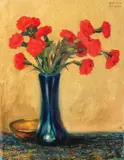 Garoafe roşii by Kimon Loghi, ulei pe carton, sold Mar 2017