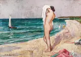 Nud pe plajă by Leon Biju, ulei pe carton, sold Mar 2017
