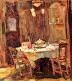 Interior burghez by Rudolf Schweitzer–Cumpăna, 1928, ulei pe carton, sold Mar 2017
