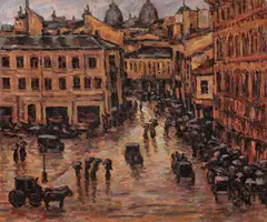 Calea Victoriei pe ploaie by Nicolae Dărăscu, 1918, ulei pe carton, sold Mar 2017