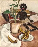 Dan Ialomiţeanu, Natură statică cu banane şi păpuşă africană, 1929, ulei pe carton